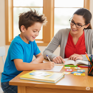 Young boy looks down smiling as he sits across from his in-person Fit Learning tutor during an interactive, joyful learning session.