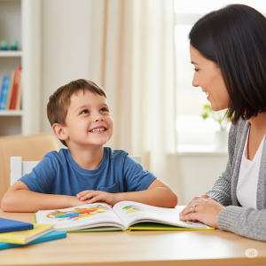 elementary aged boy looks up at his reading tutor and smiles proudly, having fun and boosting reading skills at Fit Learning St. Louis