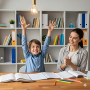 boy sitting next to tutor raises his hands in the air in celebration