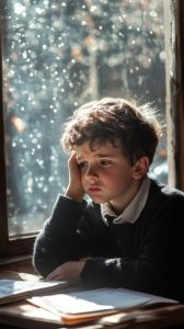 help for student with math anxiety in St. Louis | math tutoring in St. Louis area | elementary school math remediation | building math confidence in kids | Fit Learning St. Louis boy with math anxiety sits by the window looking stressed as he tries to complete his math work