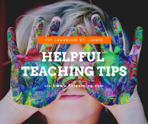 Photo of a young child with messy hands with the words "fit learning st. louis helpful teaching tips" over the face. This is a precision teaching tip from Fit Learning St. Louis 63141