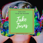 Photo of a young child with messy hands with the words "kids love to be the teacher. Take Turns" written over their face. This is a fluency instruction tip from a dyslexia tutor in St. Louis at Fit Learning St. Louis 63141