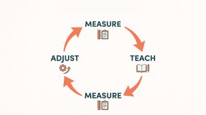 Graphic showing Fit Learning's continuous progress monitoring cycle with steps for Measure, Teach, Measure, and Adjust